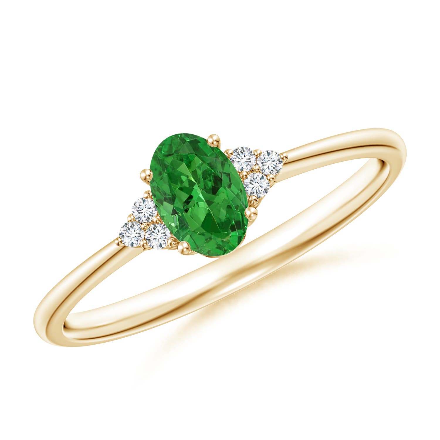 6x4mm AAAA Tapered Shank Oval Tsavorite Ring with Trio Diamond Accent in 18K Yellow Gold