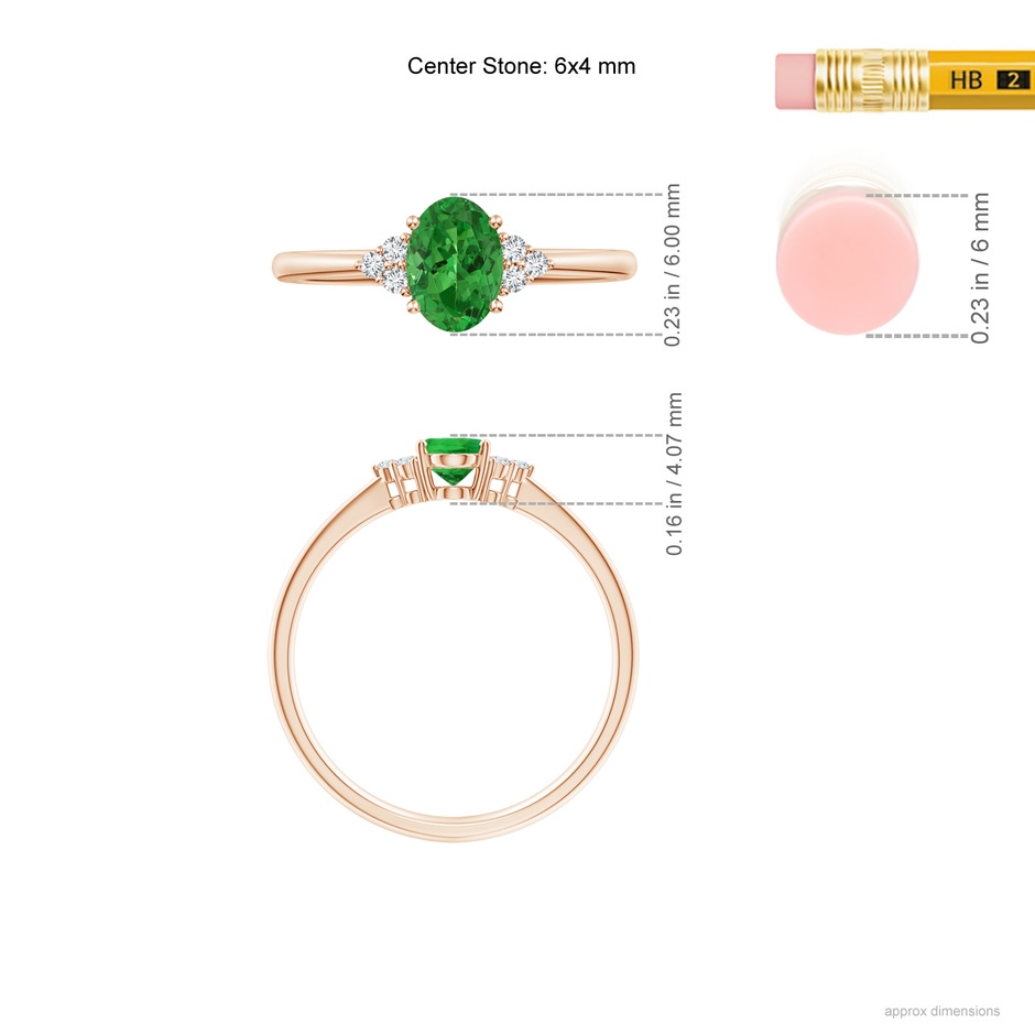 6x4mm AAAA Tapered Shank Oval Tsavorite Ring with Trio Diamond Accent in Rose Gold ruler