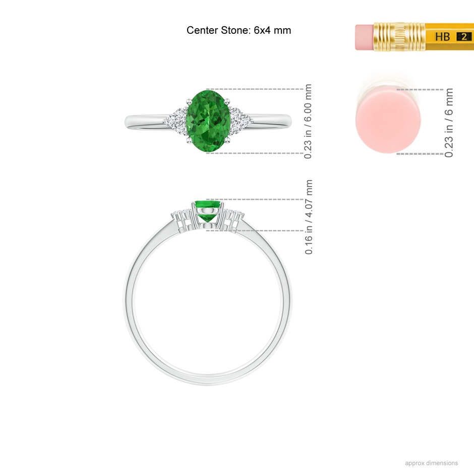 6x4mm AAAA Tapered Shank Oval Tsavorite Ring with Trio Diamond Accent in S999 Silver ruler
