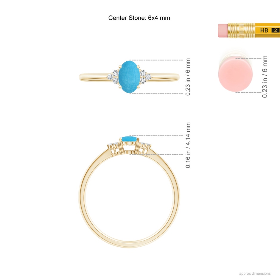 6x4mm A Tapered Shank Oval Turquoise Ring with Trio Diamond Accent in Yellow Gold ruler
