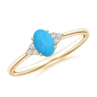 6x4mm AAA Tapered Shank Oval Turquoise Ring with Trio Diamond Accent in Yellow Gold