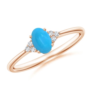 6x4mm AAAA Tapered Shank Oval Turquoise Ring with Trio Diamond Accent in 9K Rose Gold