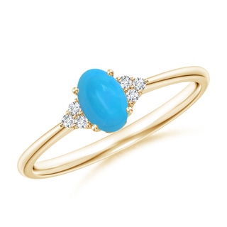 6x4mm AAAA Tapered Shank Oval Turquoise Ring with Trio Diamond Accent in Yellow Gold