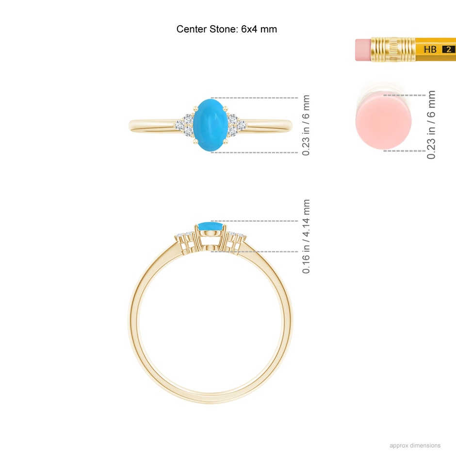 6x4mm AAAA Tapered Shank Oval Turquoise Ring with Trio Diamond Accent in Yellow Gold ruler