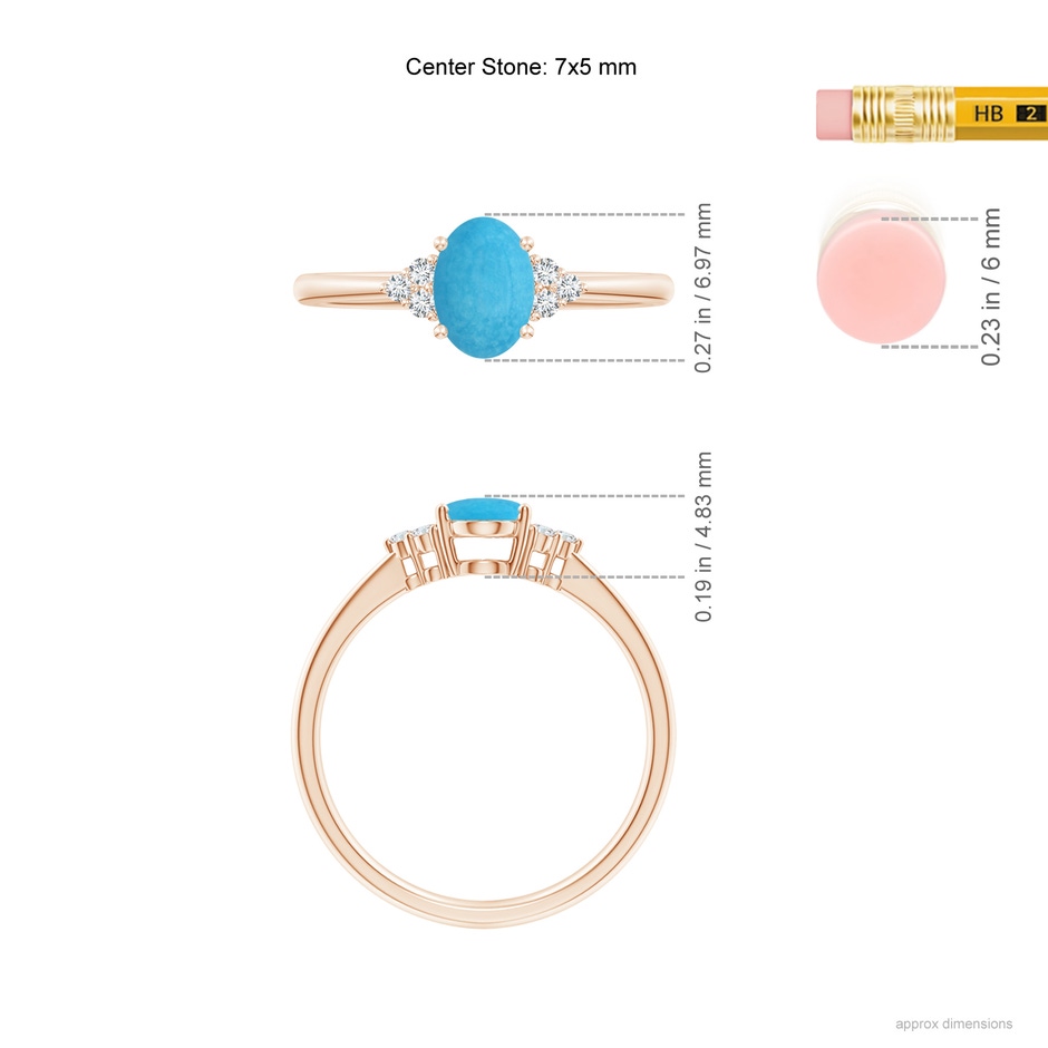 7x5mm A Tapered Shank Oval Turquoise Ring with Trio Diamond Accent in Rose Gold ruler