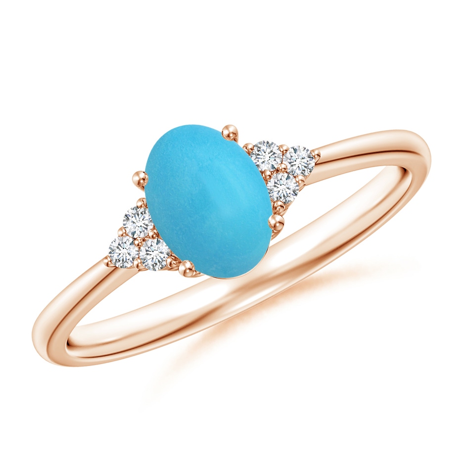 7x5mm AA Tapered Shank Oval Turquoise Ring with Trio Diamond Accent in Rose Gold 