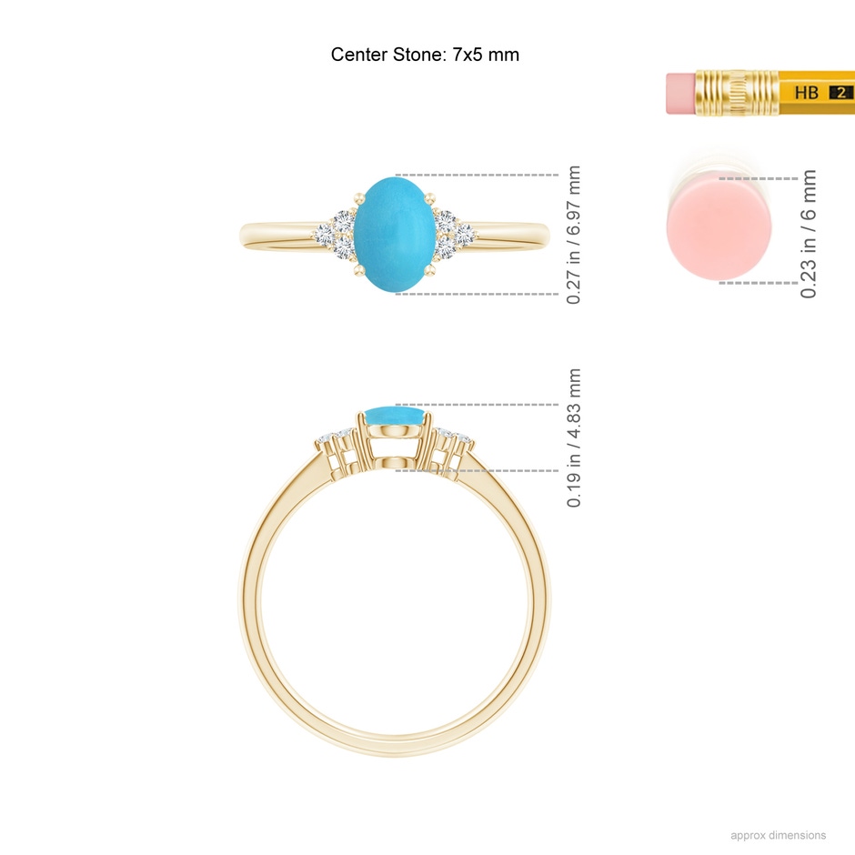 7x5mm AA Tapered Shank Oval Turquoise Ring with Trio Diamond Accent in Yellow Gold ruler