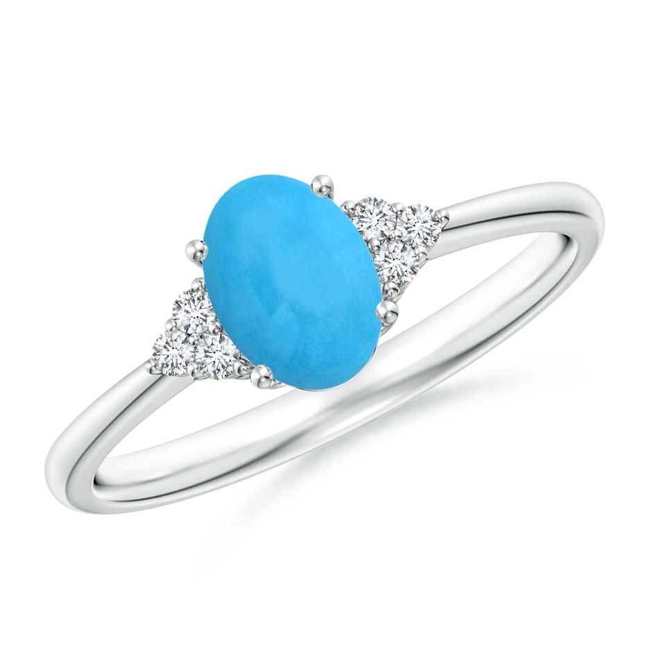 7x5mm AAA Tapered Shank Oval Turquoise Ring with Trio Diamond Accent in White Gold 
