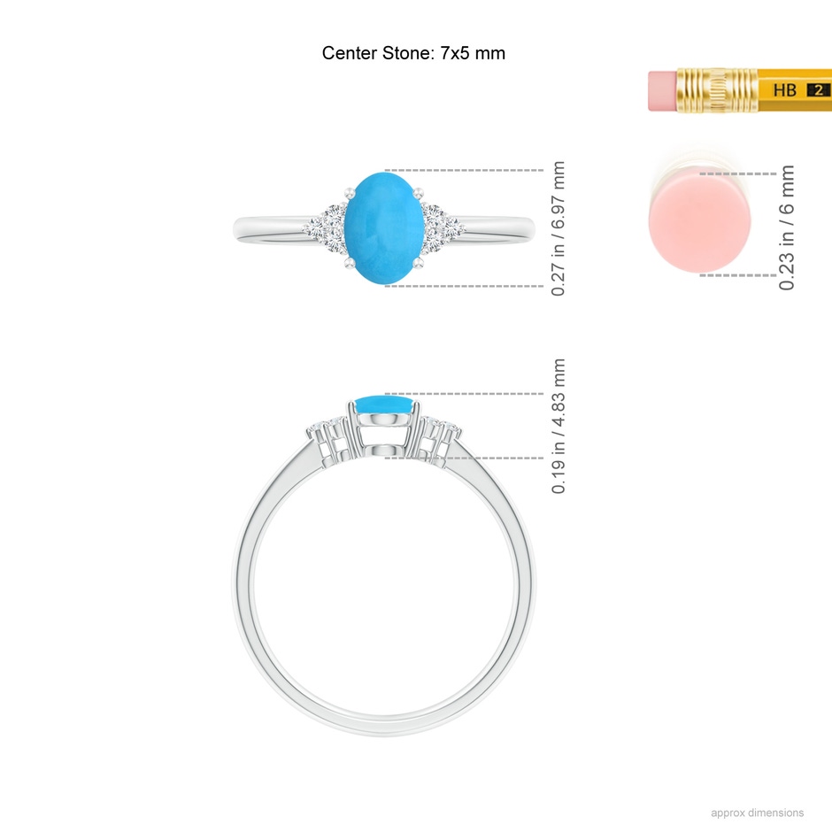 7x5mm AAA Tapered Shank Oval Turquoise Ring with Trio Diamond Accent in White Gold ruler