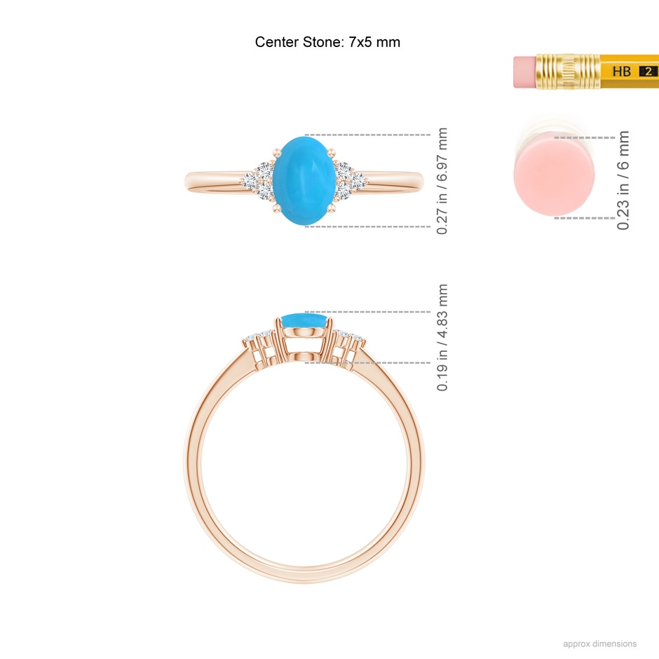 7x5mm AAAA Tapered Shank Oval Turquoise Ring with Trio Diamond Accent in Rose Gold ruler
