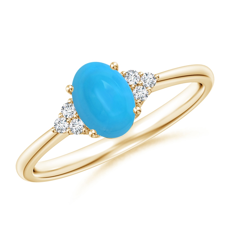 7x5mm AAAA Tapered Shank Oval Turquoise Ring with Trio Diamond Accent in Yellow Gold 