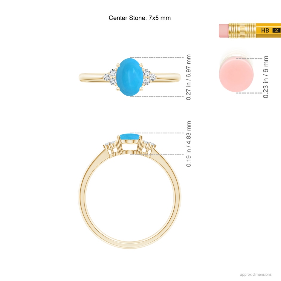 7x5mm AAAA Tapered Shank Oval Turquoise Ring with Trio Diamond Accent in Yellow Gold ruler
