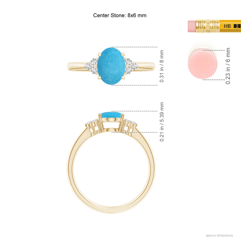 8x6mm A Tapered Shank Oval Turquoise Ring with Trio Diamond Accent in Yellow Gold ruler
