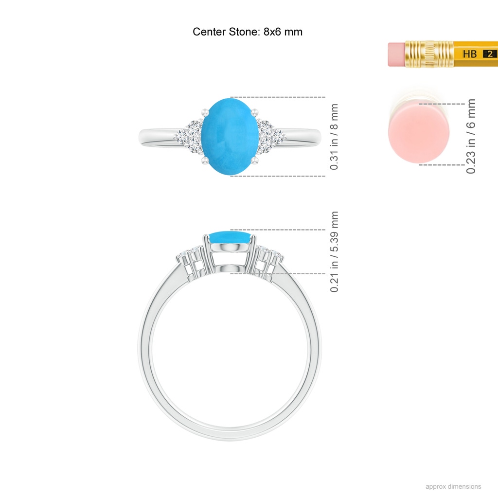 8x6mm AAA Tapered Shank Oval Turquoise Ring with Trio Diamond Accent in White Gold Ruler