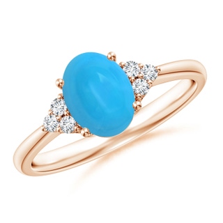 8x6mm AAAA Tapered Shank Oval Turquoise Ring with Trio Diamond Accent in Rose Gold