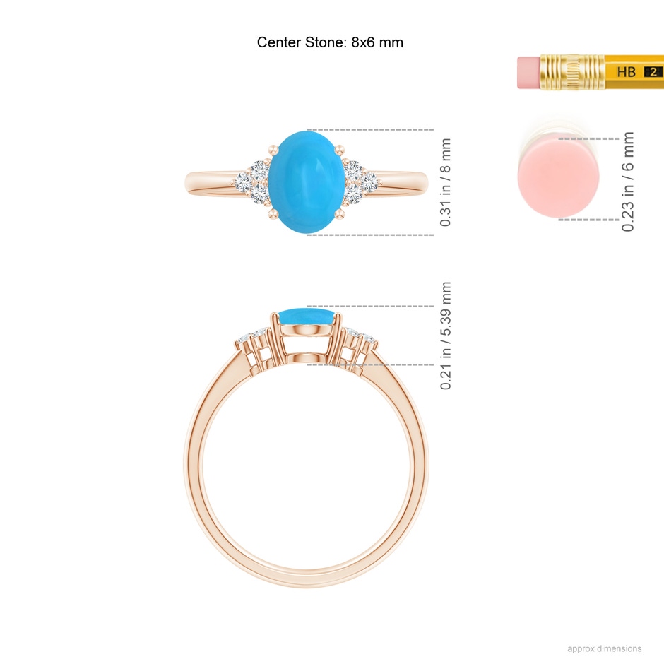 8x6mm AAAA Tapered Shank Oval Turquoise Ring with Trio Diamond Accent in Rose Gold ruler