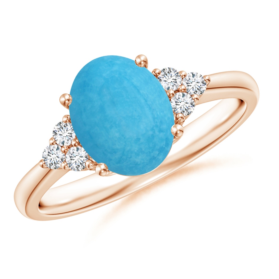 9x7mm A Tapered Shank Oval Turquoise Ring with Trio Diamond Accent in Rose Gold 