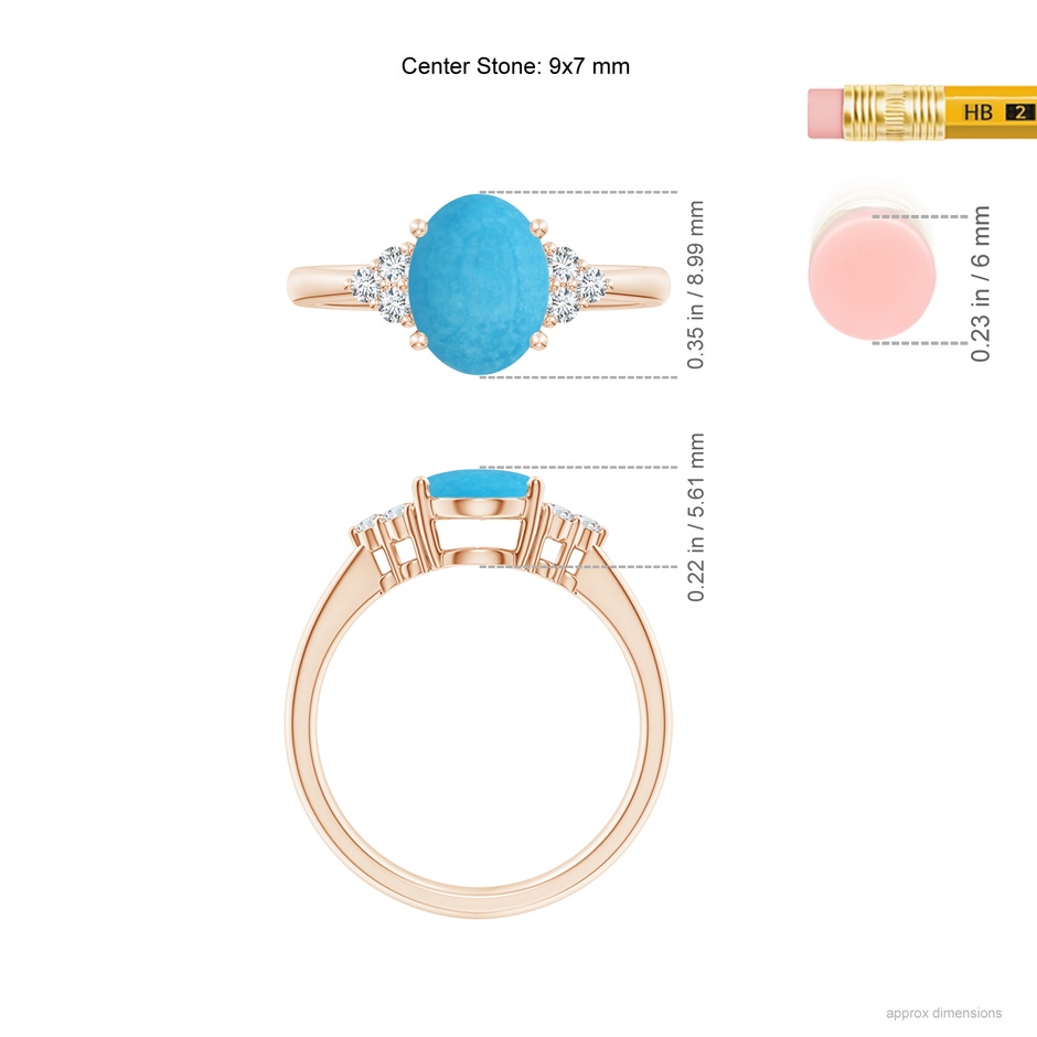 9x7mm A Tapered Shank Oval Turquoise Ring with Trio Diamond Accent in Rose Gold ruler