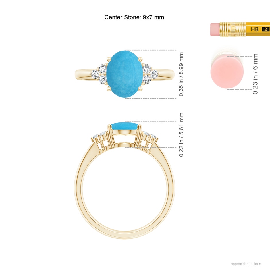 9x7mm A Tapered Shank Oval Turquoise Ring with Trio Diamond Accent in Yellow Gold ruler