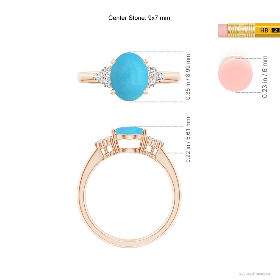 9x7mm AA Tapered Shank Oval Turquoise Ring with Trio Diamond Accent in Rose Gold ruler