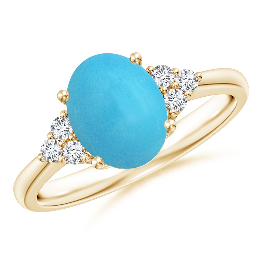9x7mm AA Tapered Shank Oval Turquoise Ring with Trio Diamond Accent in Yellow Gold 