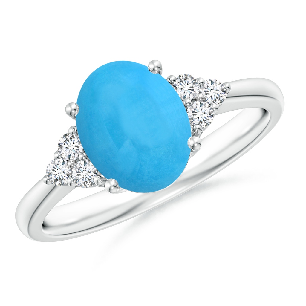 9x7mm AAA Tapered Shank Oval Turquoise Ring with Trio Diamond Accent in White Gold