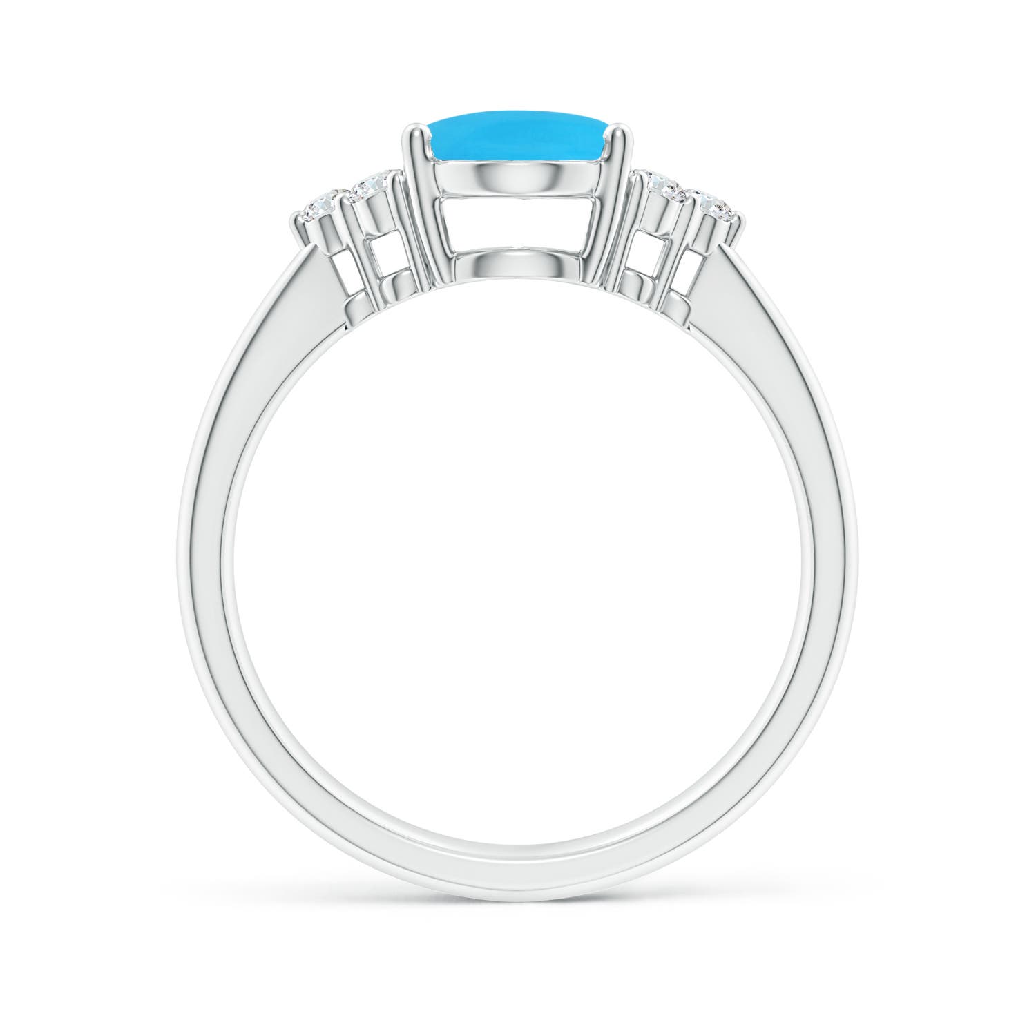 9x7mm AAA Tapered Shank Oval Turquoise Ring with Trio Diamond Accent in White Gold - side 2