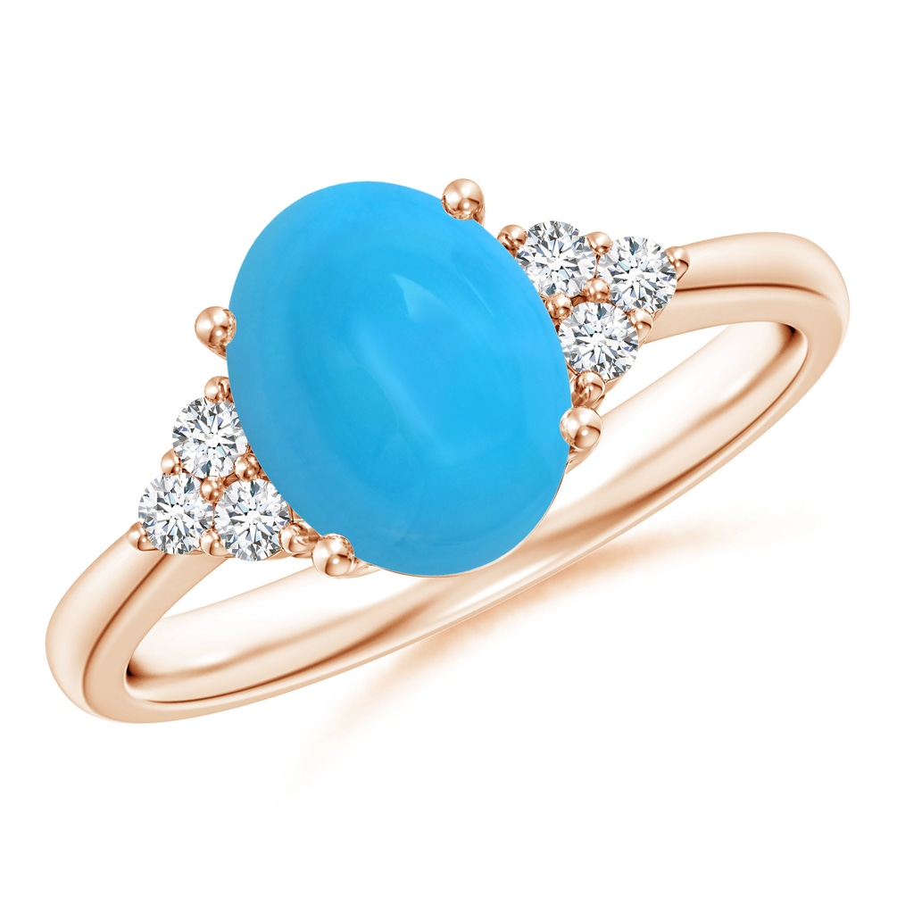 9x7mm AAAA Tapered Shank Oval Turquoise Ring with Trio Diamond Accent in Rose Gold