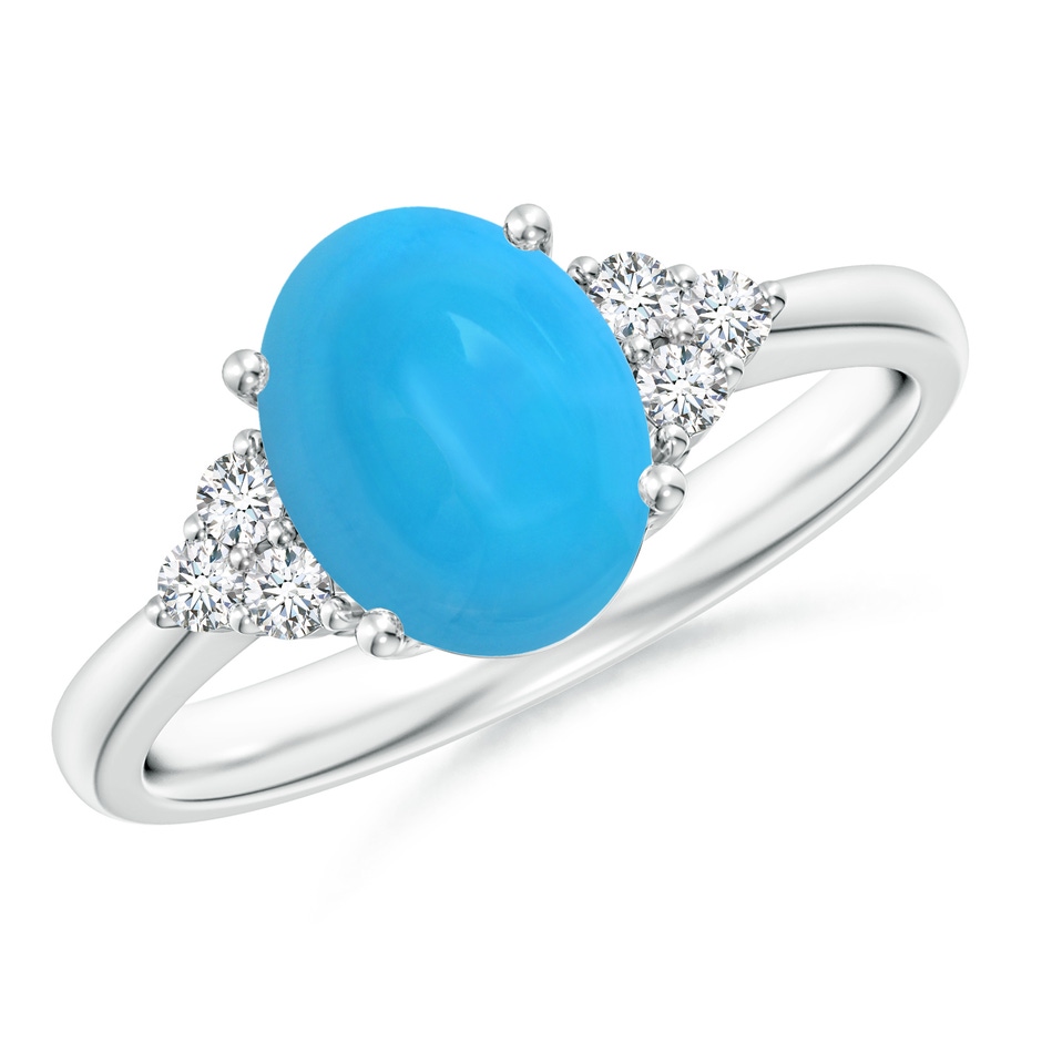 9x7mm AAAA Tapered Shank Oval Turquoise Ring with Trio Diamond Accent in White Gold 