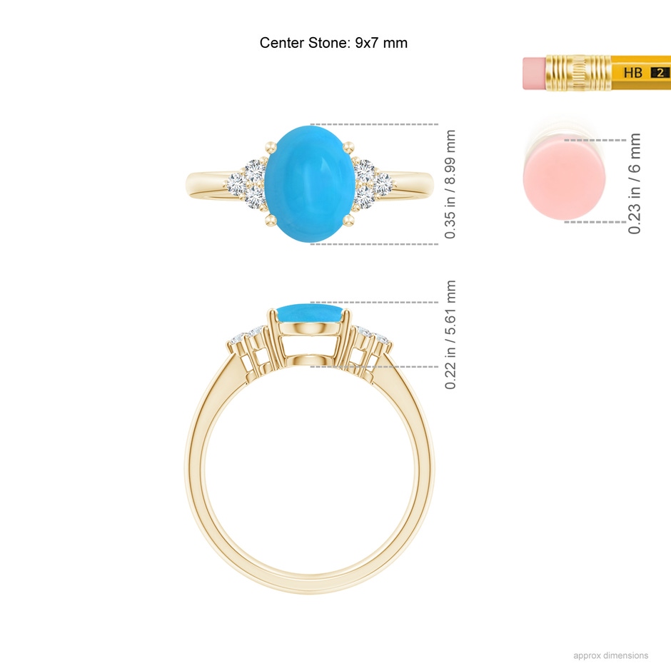 9x7mm AAAA Tapered Shank Oval Turquoise Ring with Trio Diamond Accent in Yellow Gold ruler