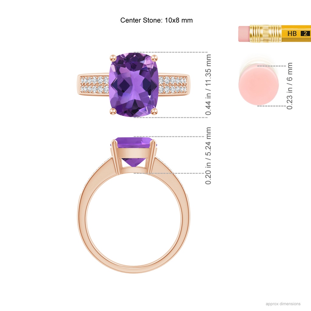 10x8mm AAA Cushion Amethyst Cocktail Ring with Diamonds in Rose Gold Ruler