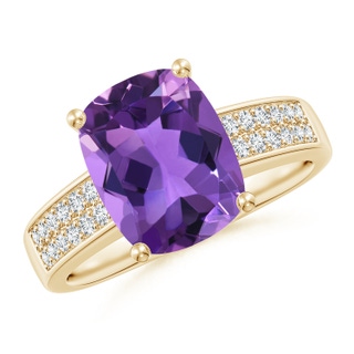 10x8mm AAA Cushion Amethyst Cocktail Ring with Diamonds in Yellow Gold