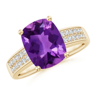 10x8mm AAAA Cushion Amethyst Cocktail Ring with Diamonds in Yellow Gold