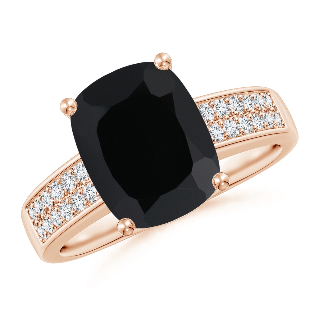 10x8mm AAA Cushion Black Onyx Cocktail Ring with Diamonds in Rose Gold