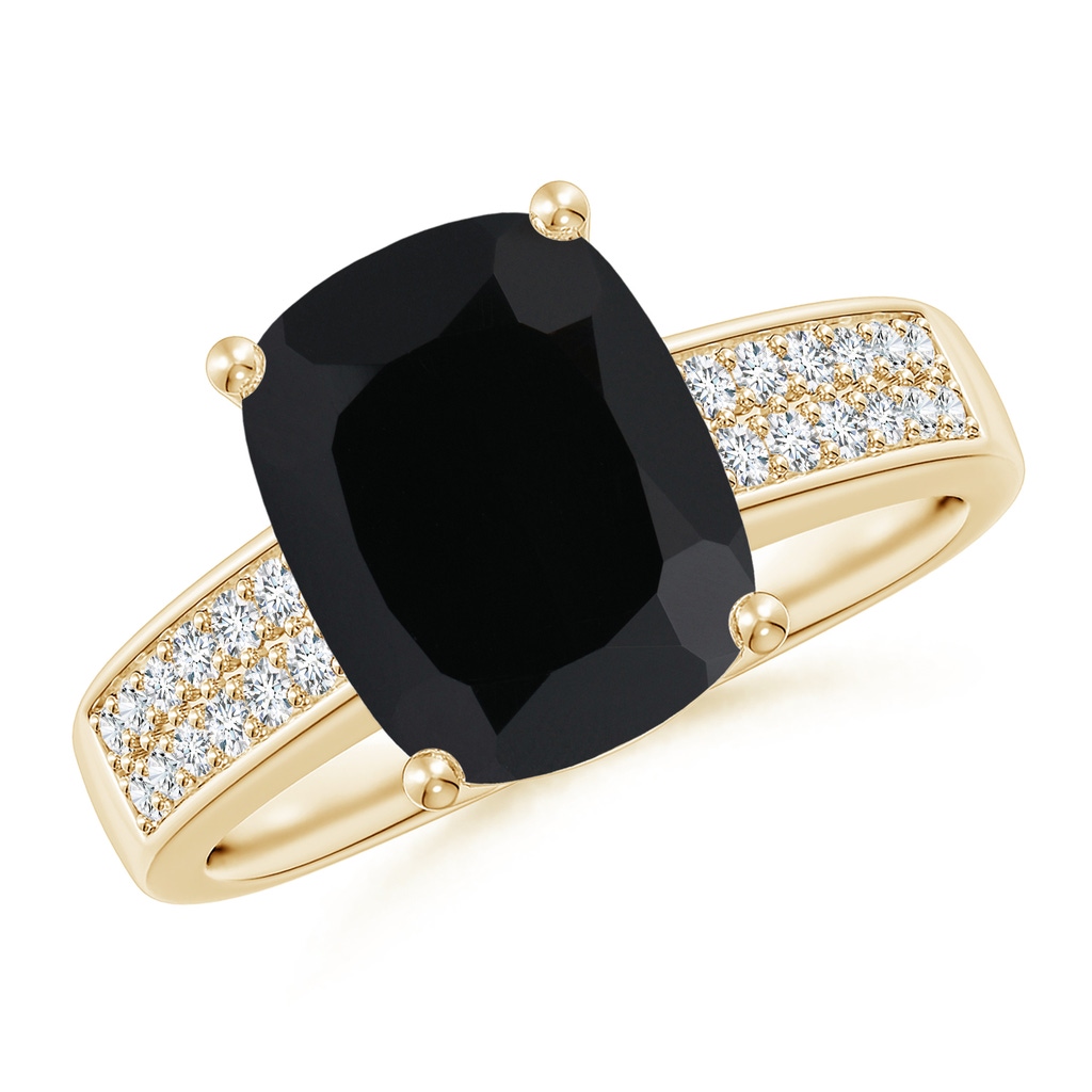 10x8mm AAA Cushion Black Onyx Cocktail Ring with Diamonds in Yellow Gold