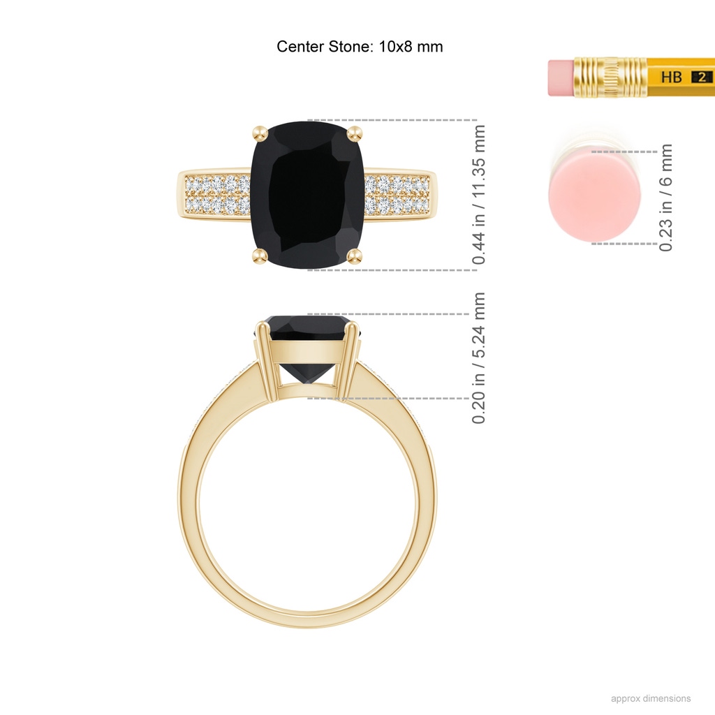 10x8mm AAA Cushion Black Onyx Cocktail Ring with Diamonds in Yellow Gold Ruler