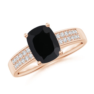 8x6mm AAA Cushion Black Onyx Cocktail Ring with Diamonds in 10K Rose Gold