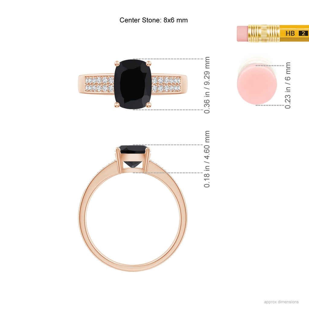 8x6mm AAA Cushion Black Onyx Cocktail Ring with Diamonds in Rose Gold Ruler