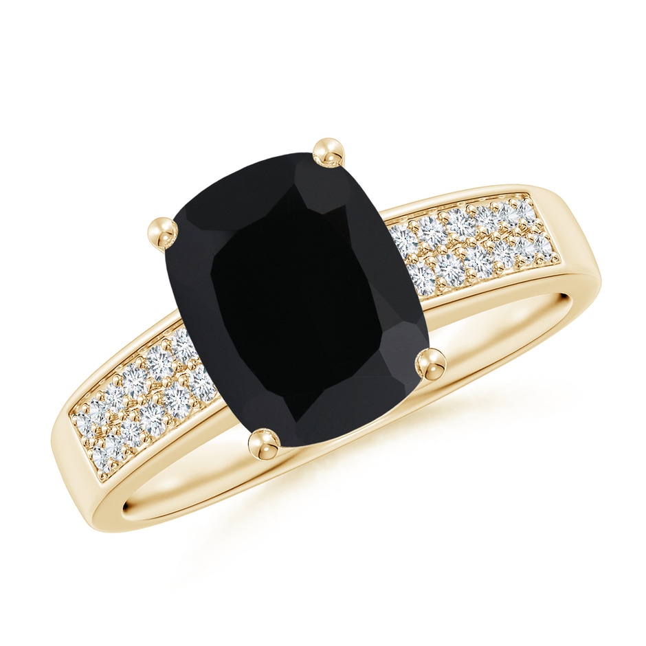 9x7mm AAA Cushion Black Onyx Cocktail Ring with Diamonds in Yellow Gold 