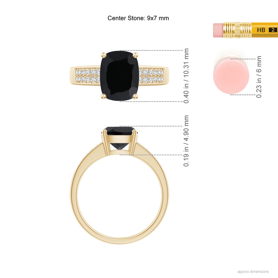 9x7mm AAA Cushion Black Onyx Cocktail Ring with Diamonds in Yellow Gold ruler