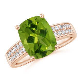 10x8mm AAAA Cushion Peridot Cocktail Ring with Diamonds in Rose Gold