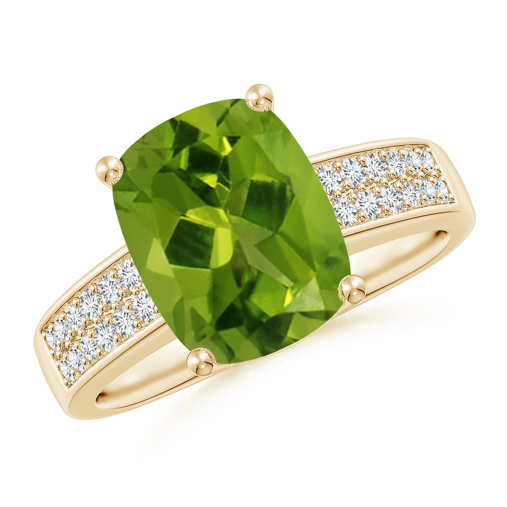 10x8mm AAAA Cushion Peridot Cocktail Ring with Diamonds in Yellow Gold