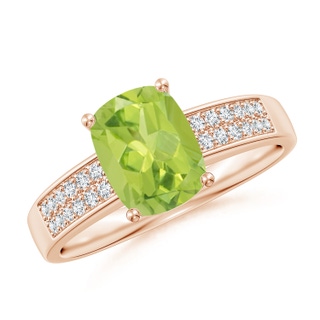 8x6mm AA Cushion Peridot Cocktail Ring with Diamonds in 10K Rose Gold