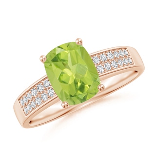 8x6mm AA Cushion Peridot Cocktail Ring with Diamonds in Rose Gold