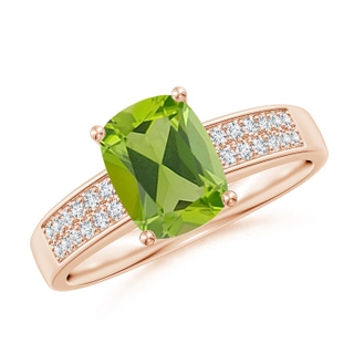 8x6mm AAA Cushion Peridot Cocktail Ring with Diamonds in 10K Rose Gold