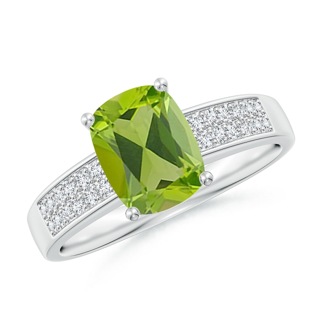 8x6mm AAA Cushion Peridot Cocktail Ring with Diamonds in White Gold