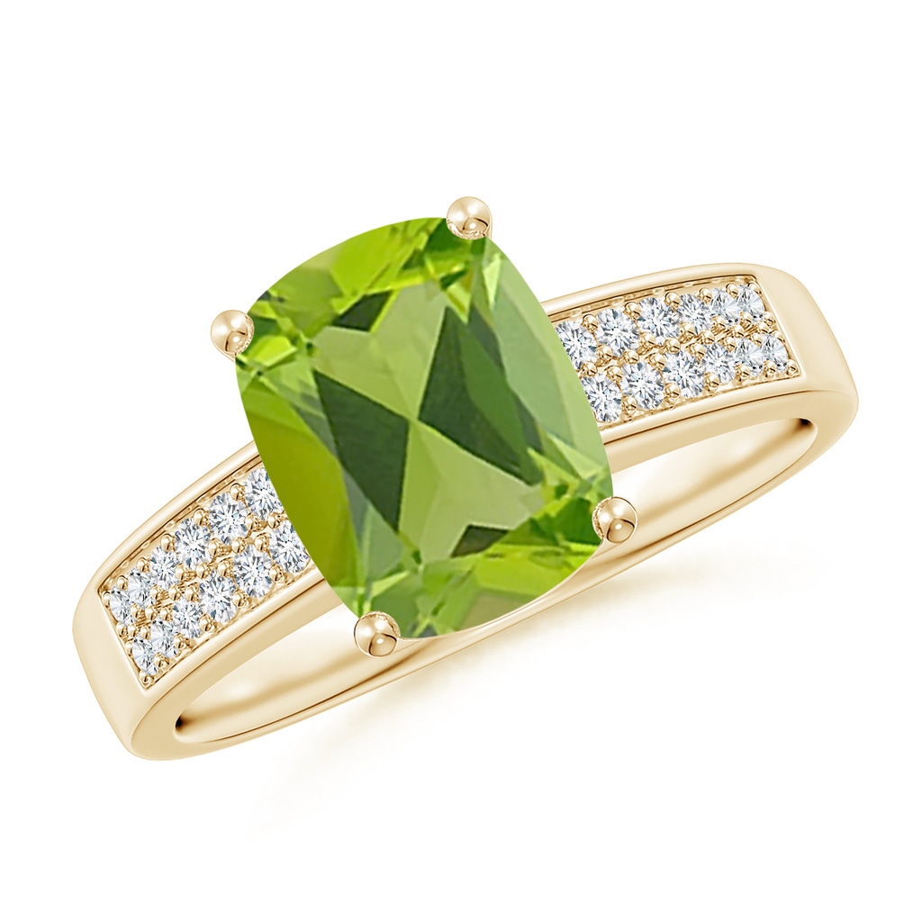 9x7mm AAA Cushion Peridot Cocktail Ring with Diamonds in Yellow Gold