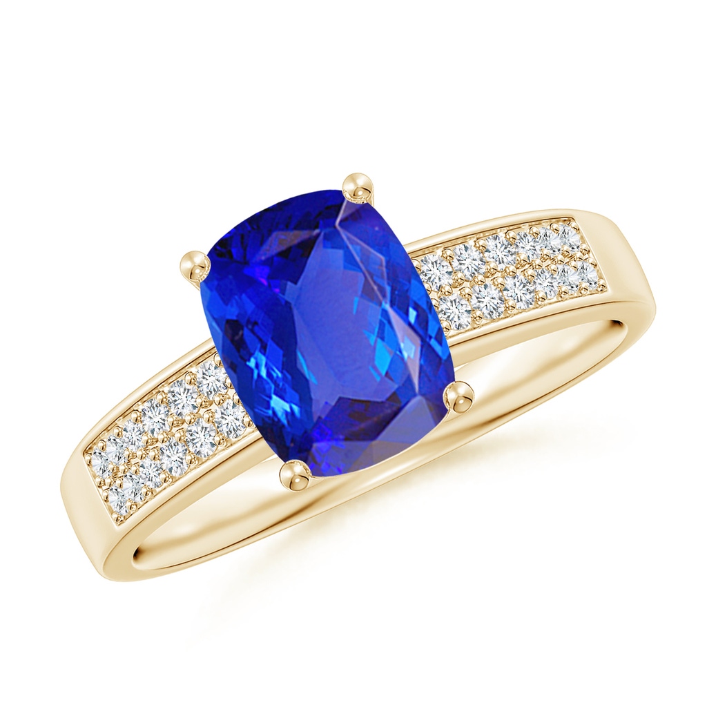 8x6mm AAA Cushion Tanzanite Cocktail Ring with Diamonds in Yellow Gold