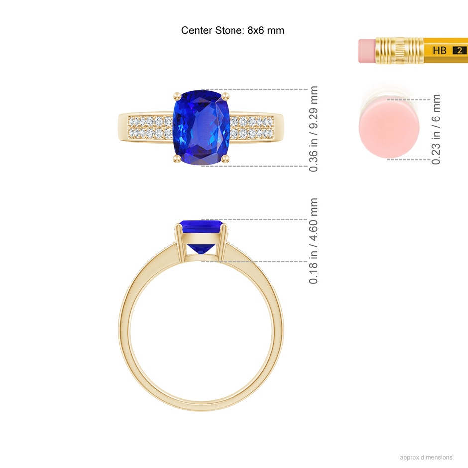 8x6mm AAA Cushion Tanzanite Cocktail Ring with Diamonds in Yellow Gold ruler