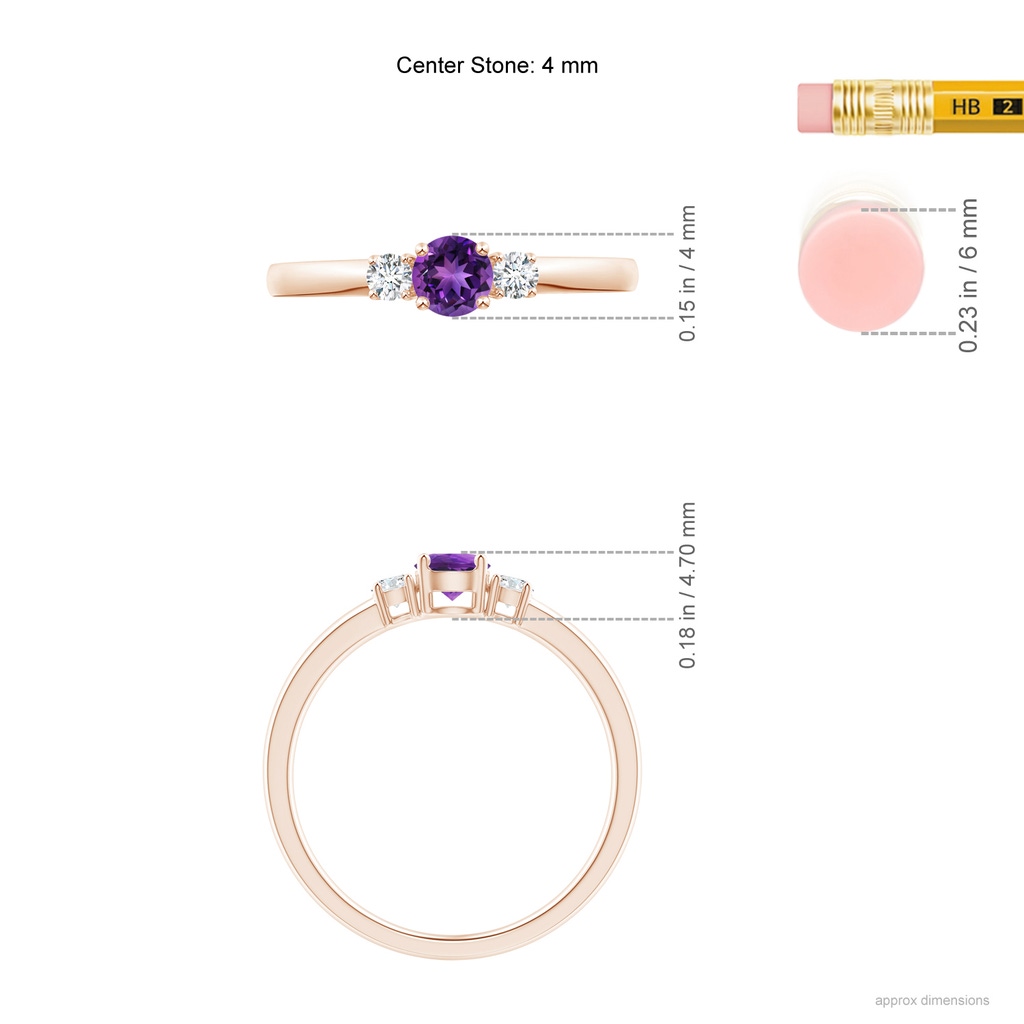 4mm AAAA Classic Amethyst and Diamond Three Stone Engagement Ring in Rose Gold Ruler